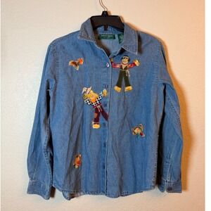 Lemon Grass Studio Denim Shirt Womens PM Blue Embroidered Scarecrow Fall Harvest